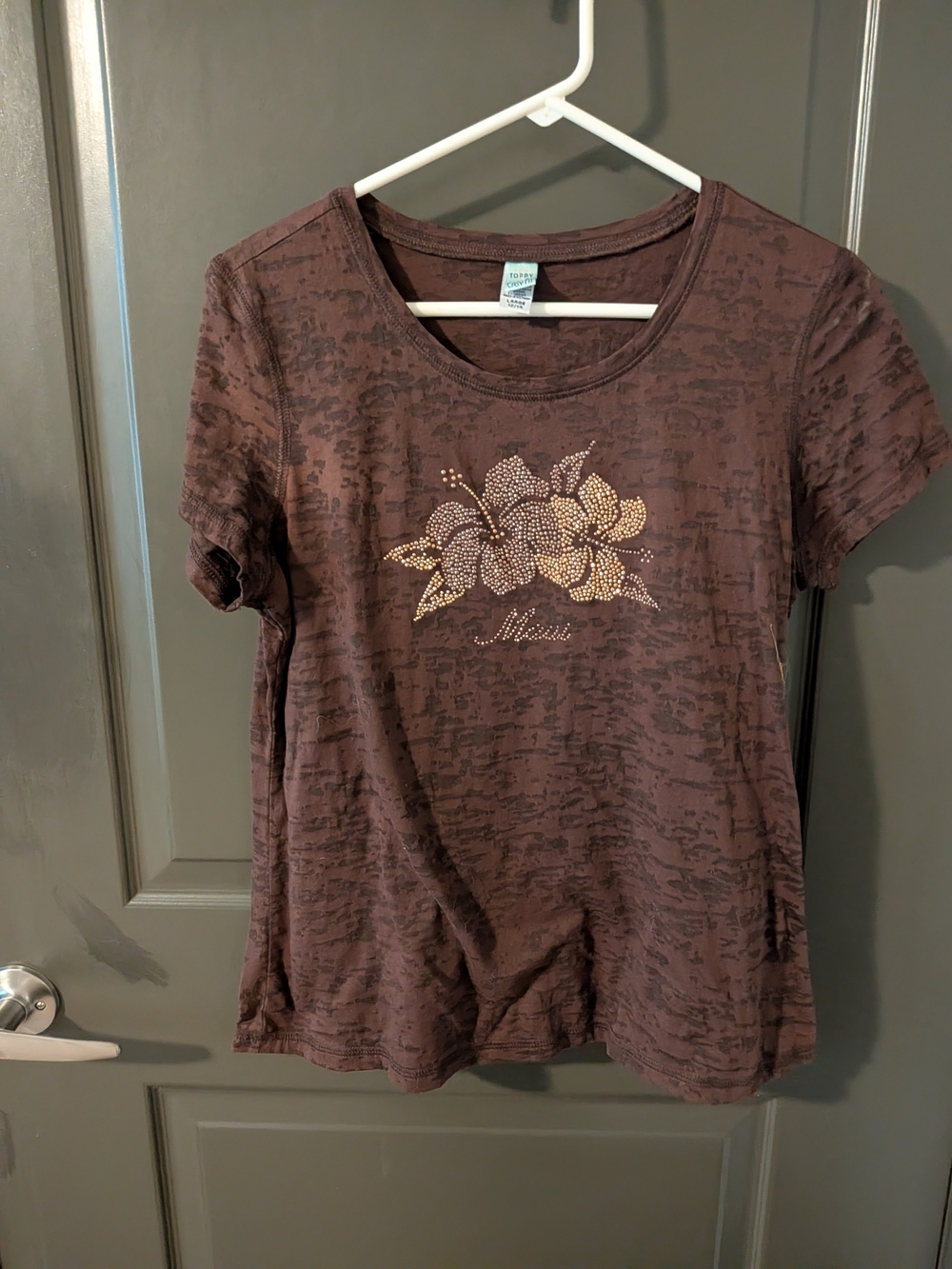 Maui Floral Rhinestone Scoop Neck Tee - Brown